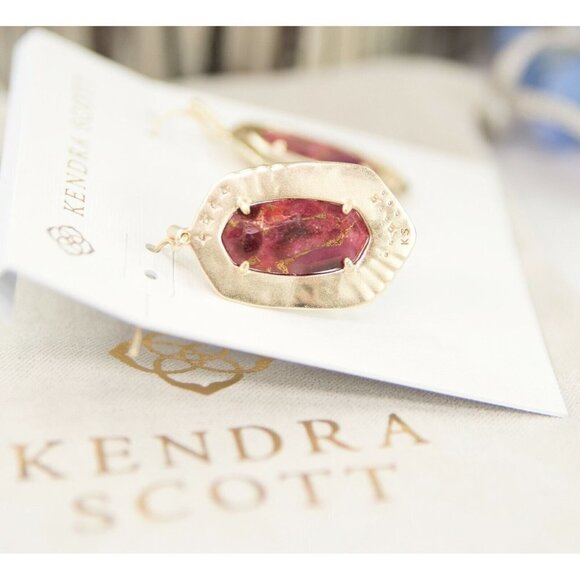 Kendra Scott Anna Bronze Veined Maroon Jade Gold Drop Dangle Earrings NWT - Picture 4 of 5